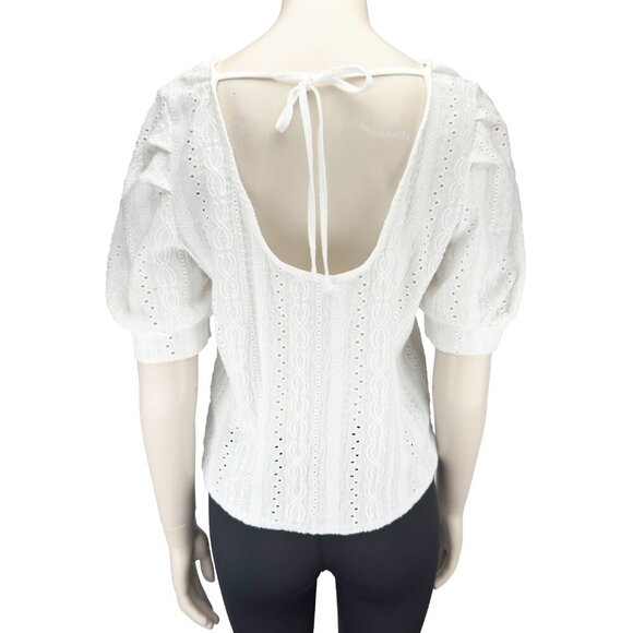 ONLY Eyelet Cottagecore Puff Sleeves Openback Round Neck Boho White Lace Top Mβ - Picture 5 of 10